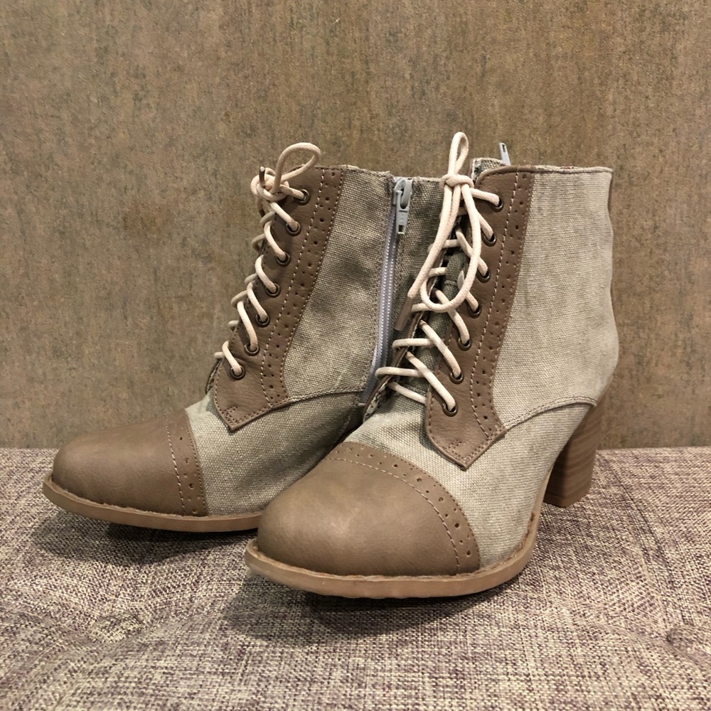 Bucco Tan and Brown Lace Up Boots with Stacked Heel